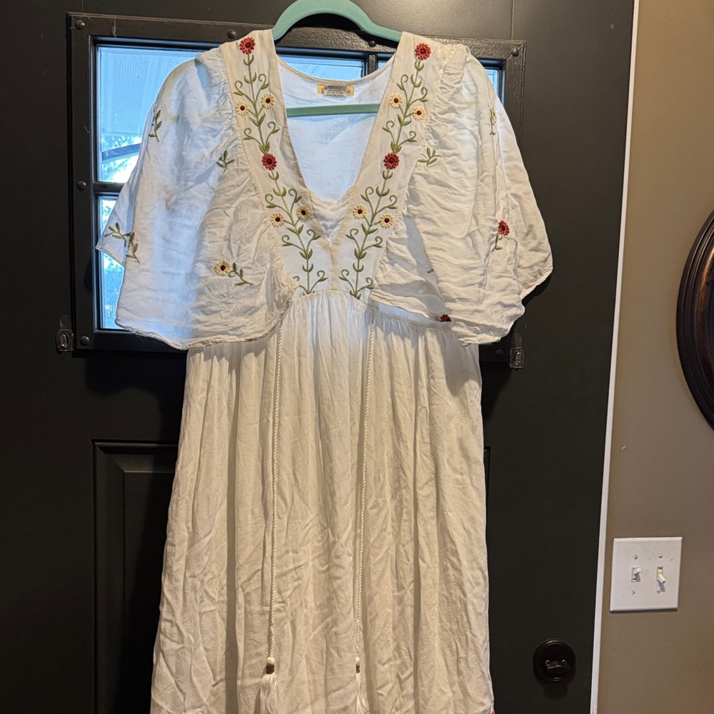 Embroidered White Dress with Floral Accents